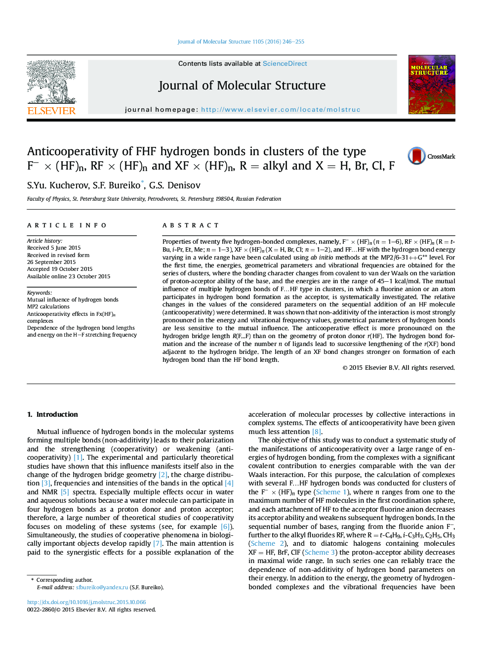 Anticooperativity of FHF hydrogen bonds in clusters of the type F− × (HF)n, RF × (HF)n and XF × (HF)n, R = alkyl and X = H, Br, Cl, F