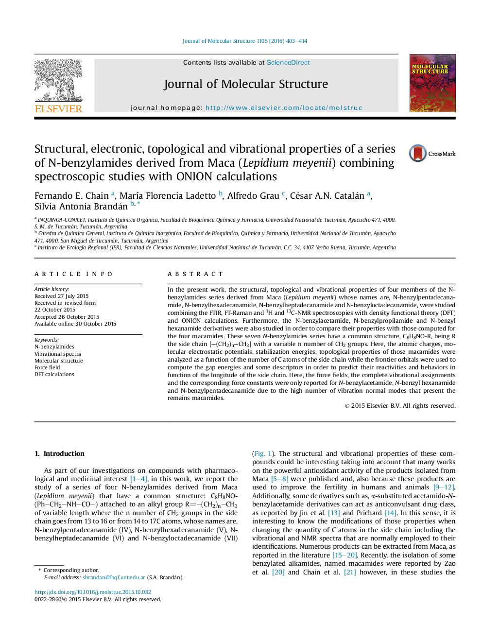 Structural, electronic, topological and vibrational properties of a series of N-benzylamides derived from Maca (Lepidium meyenii) combining spectroscopic studies with ONION calculations