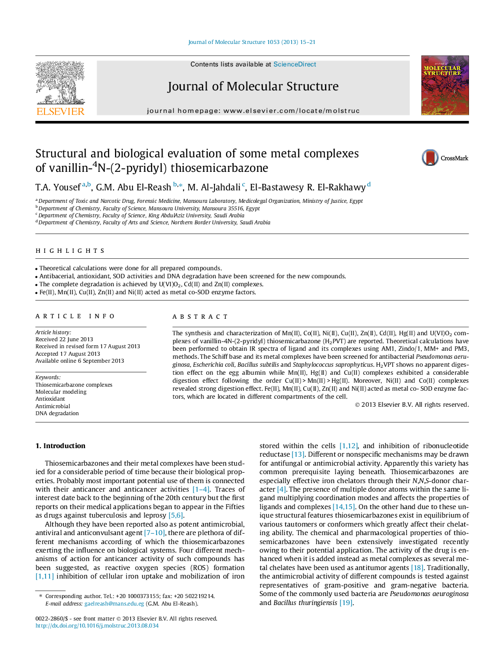 Structural and biological evaluation of some metal complexes of vanillin-4N-(2-pyridyl) thiosemicarbazone