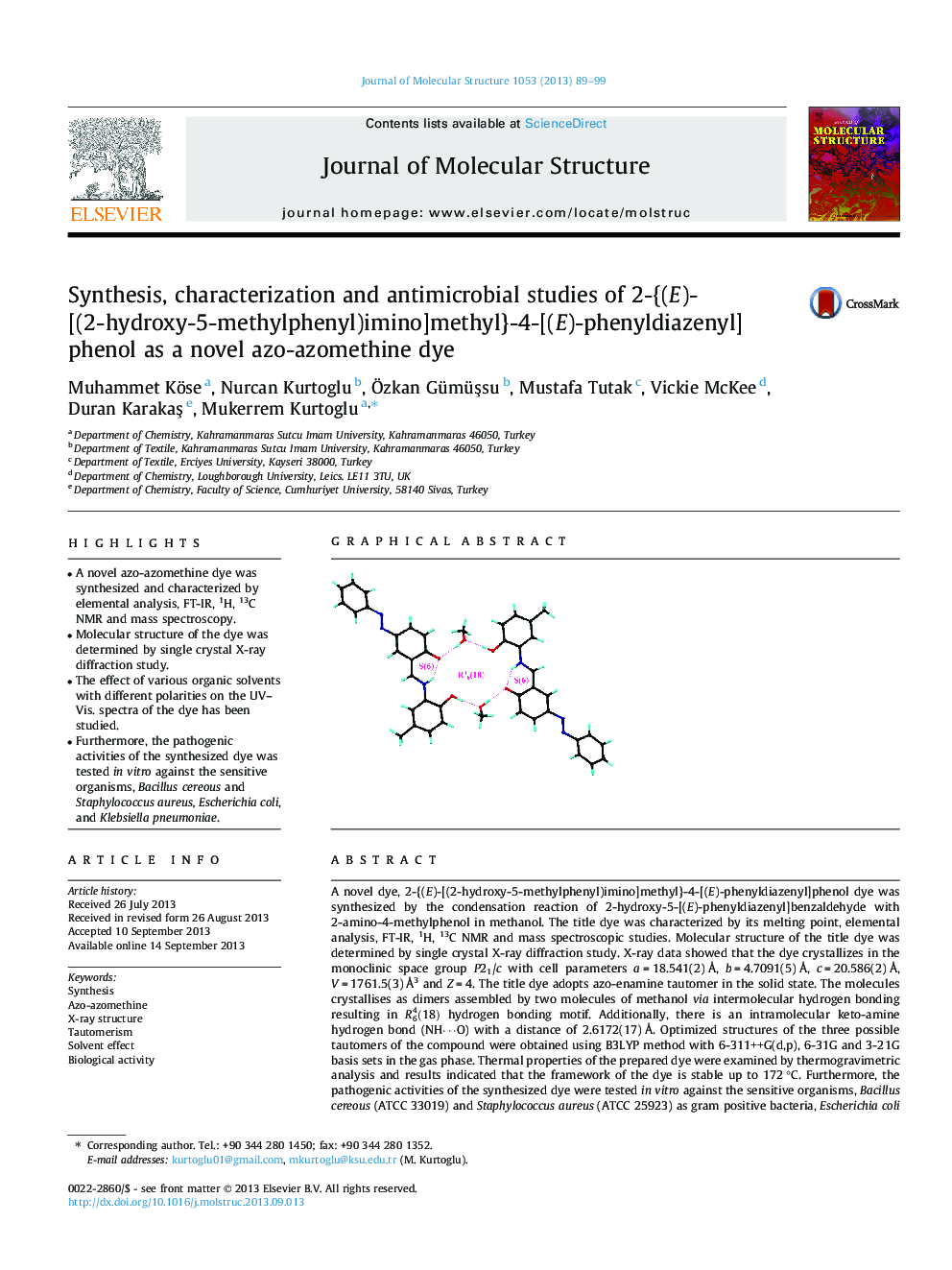 Synthesis, characterization and antimicrobial studies of 2-{(E)-[(2-hydroxy-5-methylphenyl)imino]methyl}-4-[(E)-phenyldiazenyl]phenol as a novel azo-azomethine dye