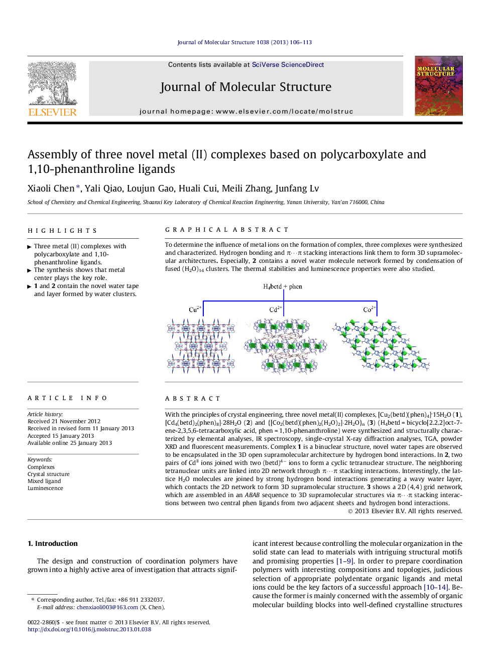 Assembly of three novel metal (II) complexes based on polycarboxylate and 1,10-phenanthroline ligands