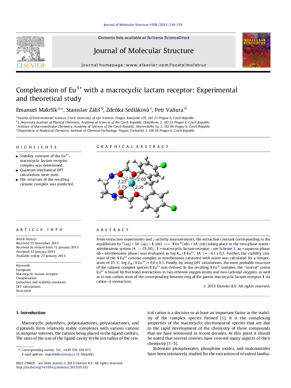 Complexation of Eu3+ with a macrocyclic lactam receptor: Experimental and theoretical study