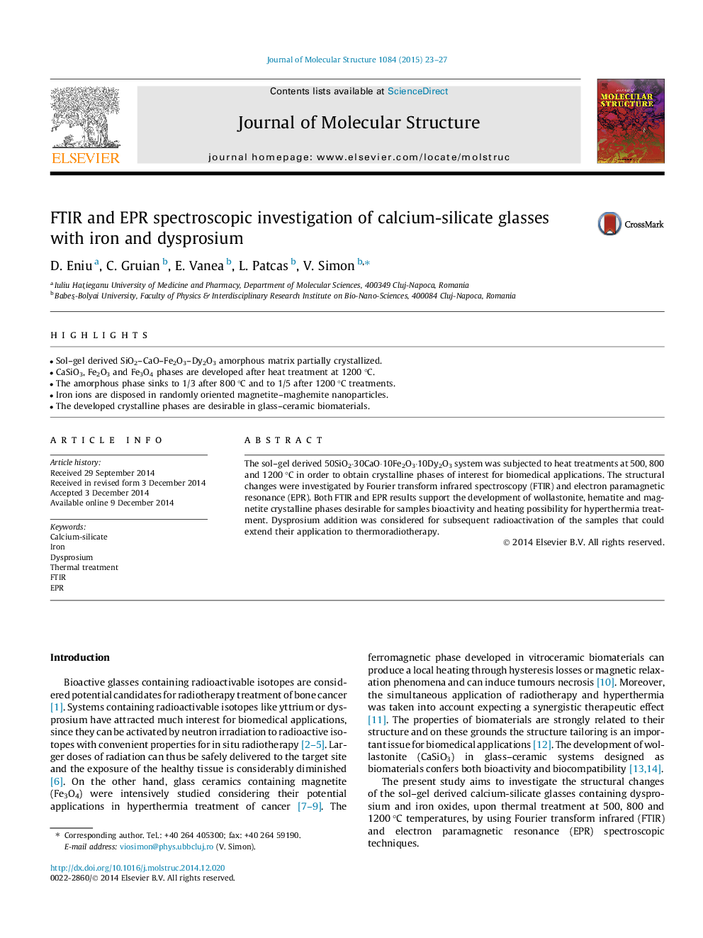 FTIR and EPR spectroscopic investigation of calcium-silicate glasses with iron and dysprosium