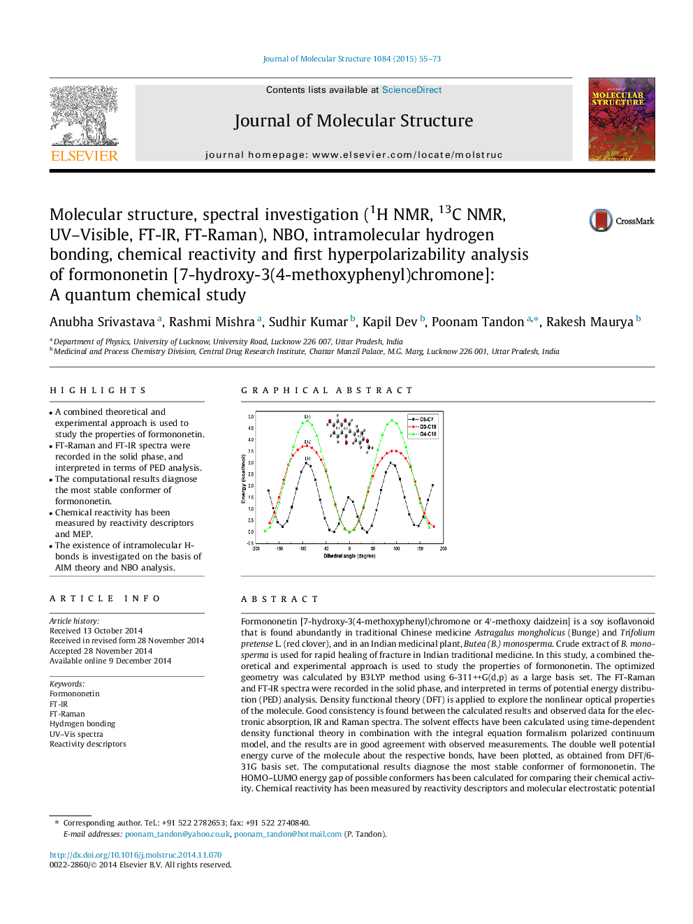 Molecular structure, spectral investigation (1H NMR, 13C NMR, UV–Visible, FT-IR, FT-Raman), NBO, intramolecular hydrogen bonding, chemical reactivity and first hyperpolarizability analysis of formononetin [7-hydroxy-3(4-methoxyphenyl)chromone]: A quantum 