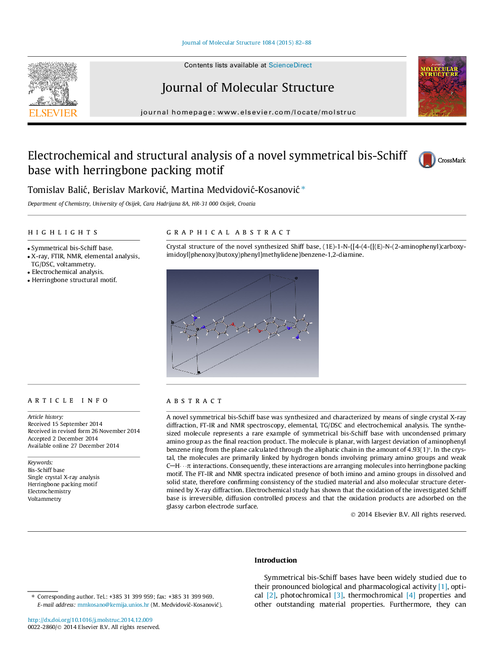 Electrochemical and structural analysis of a novel symmetrical bis-Schiff base with herringbone packing motif