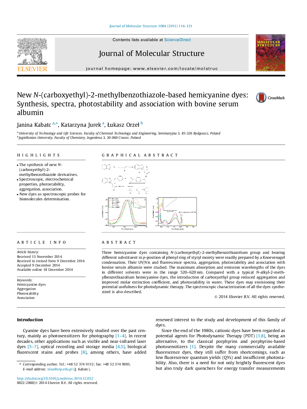 New N-(carboxyethyl)-2-methylbenzothiazole-based hemicyanine dyes: Synthesis, spectra, photostability and association with bovine serum albumin