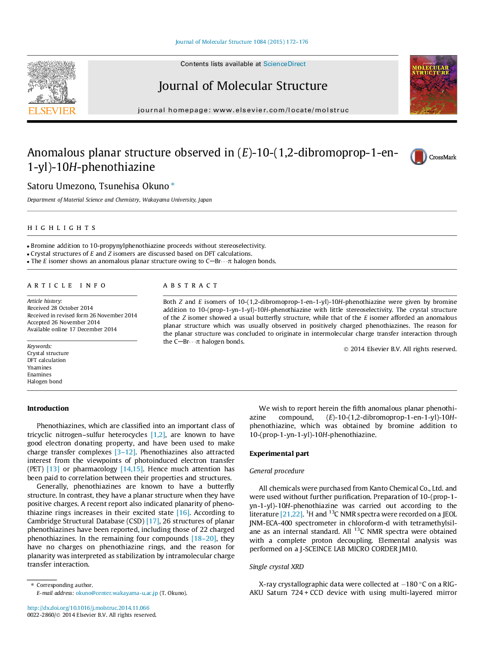 Anomalous planar structure observed in (E)-10-(1,2-dibromoprop-1-en-1-yl)-10H-phenothiazine