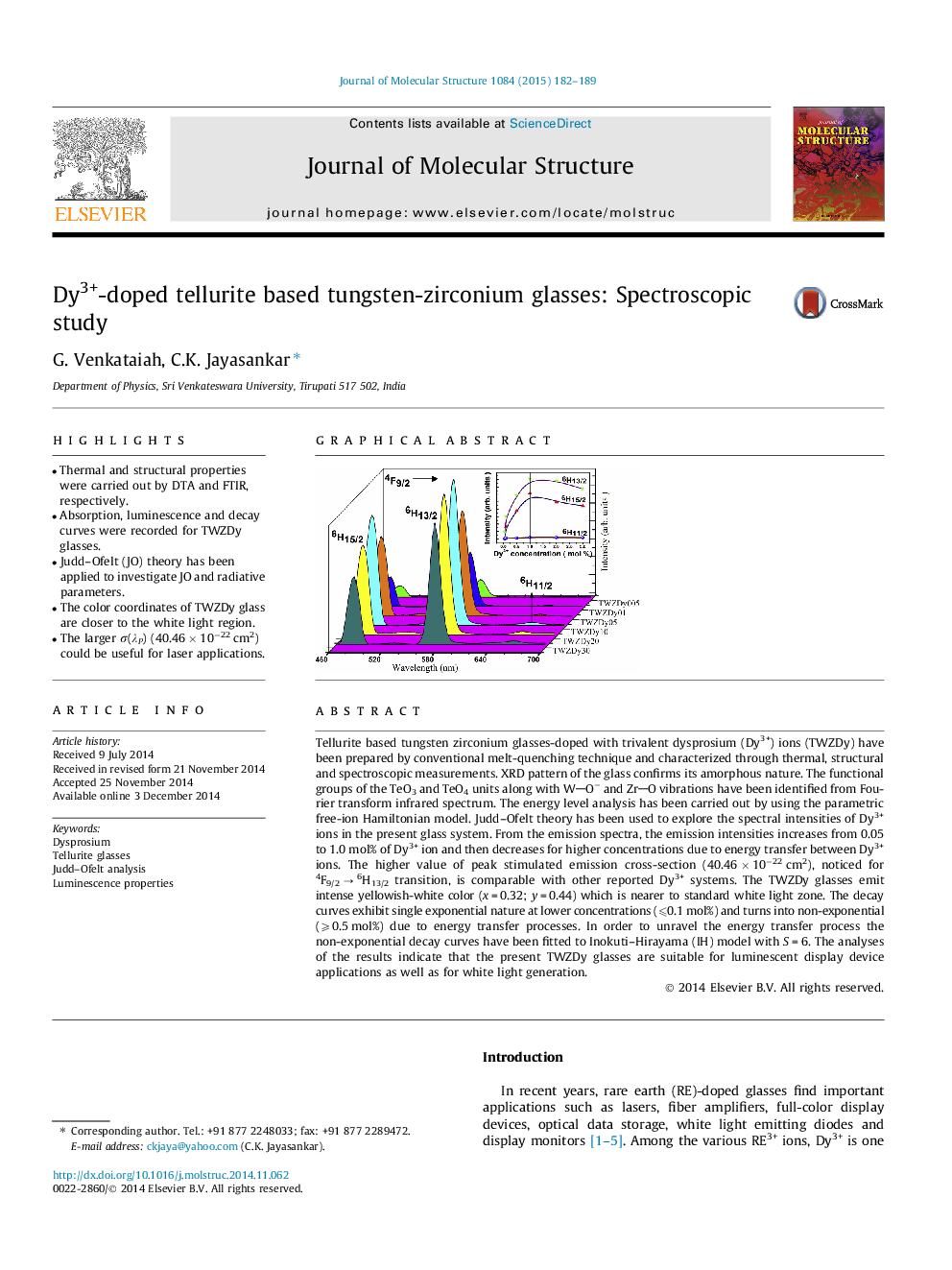 Dy3+-doped tellurite based tungsten-zirconium glasses: Spectroscopic study