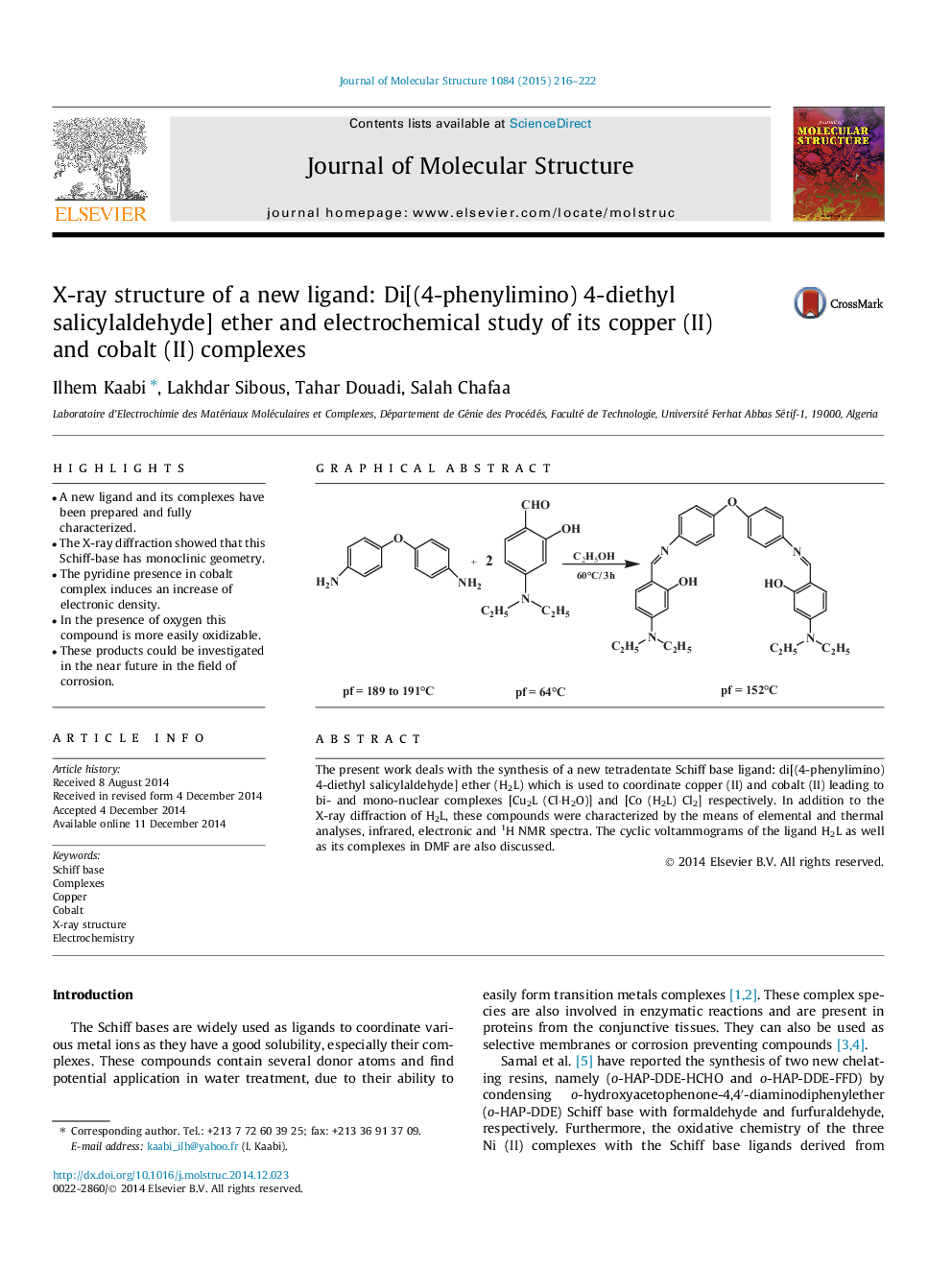 X-ray structure of a new ligand: Di[(4-phenylimino) 4-diethyl salicylaldehyde] ether and electrochemical study of its copper (II) and cobalt (II) complexes