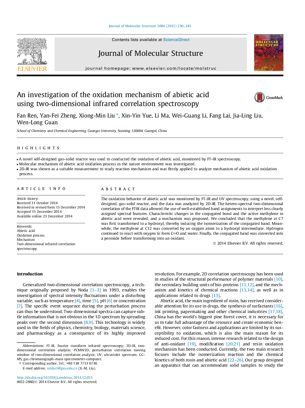 An investigation of the oxidation mechanism of abietic acid using two-dimensional infrared correlation spectroscopy