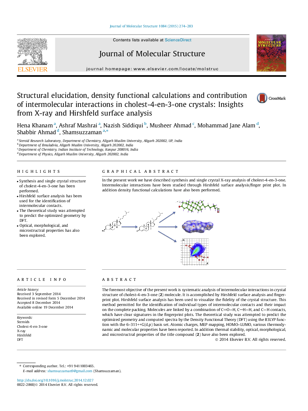 Structural elucidation, density functional calculations and contribution of intermolecular interactions in cholest-4-en-3-one crystals: Insights from X-ray and Hirshfeld surface analysis