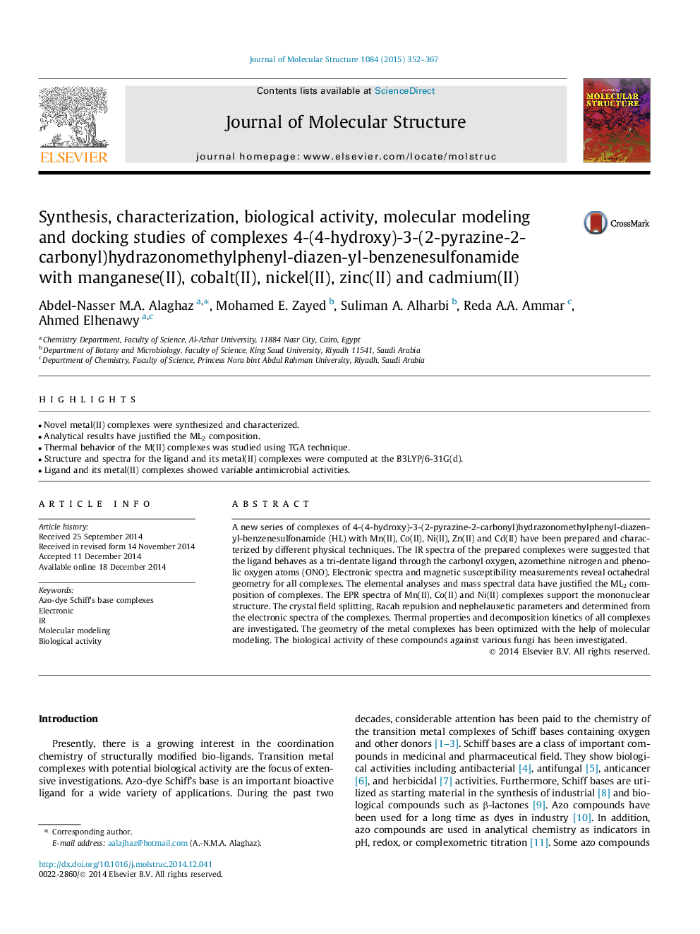 Synthesis, characterization, biological activity, molecular modeling and docking studies of complexes 4-(4-hydroxy)-3-(2-pyrazine-2-carbonyl)hydrazonomethylphenyl-diazen-yl-benzenesulfonamide with manganese(II), cobalt(II), nickel(II), zinc(II) and cadmiu