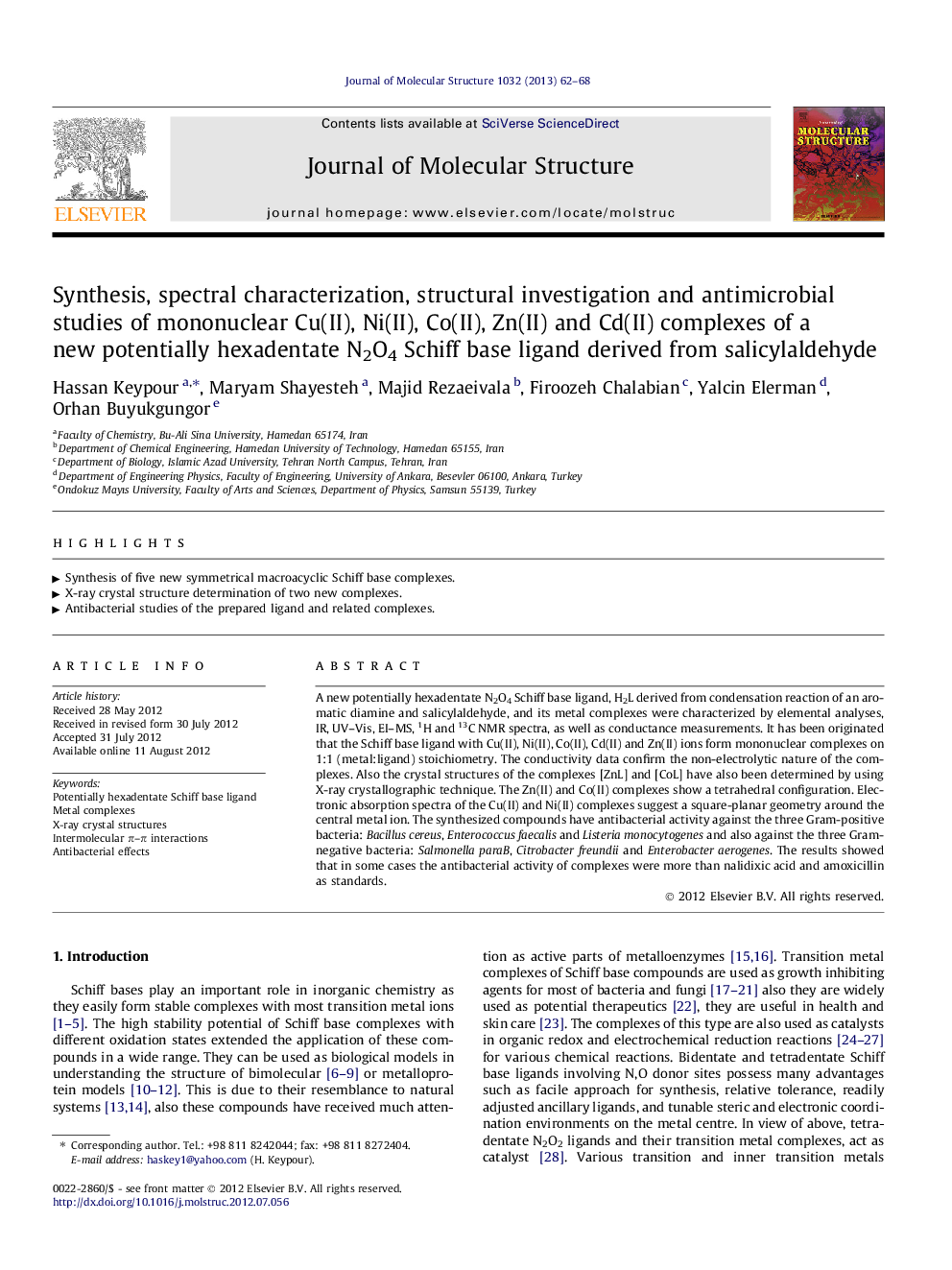 Synthesis, spectral characterization, structural investigation and antimicrobial studies of mononuclear Cu(II), Ni(II), Co(II), Zn(II) and Cd(II) complexes of a new potentially hexadentate N2O4 Schiff base ligand derived from salicylaldehyde