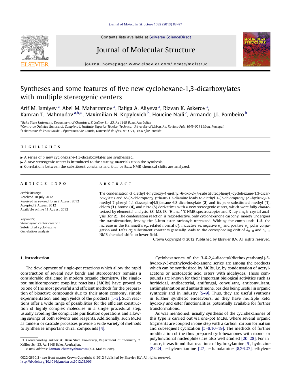 Syntheses and some features of five new cyclohexane-1,3-dicarboxylates with multiple stereogenic centers