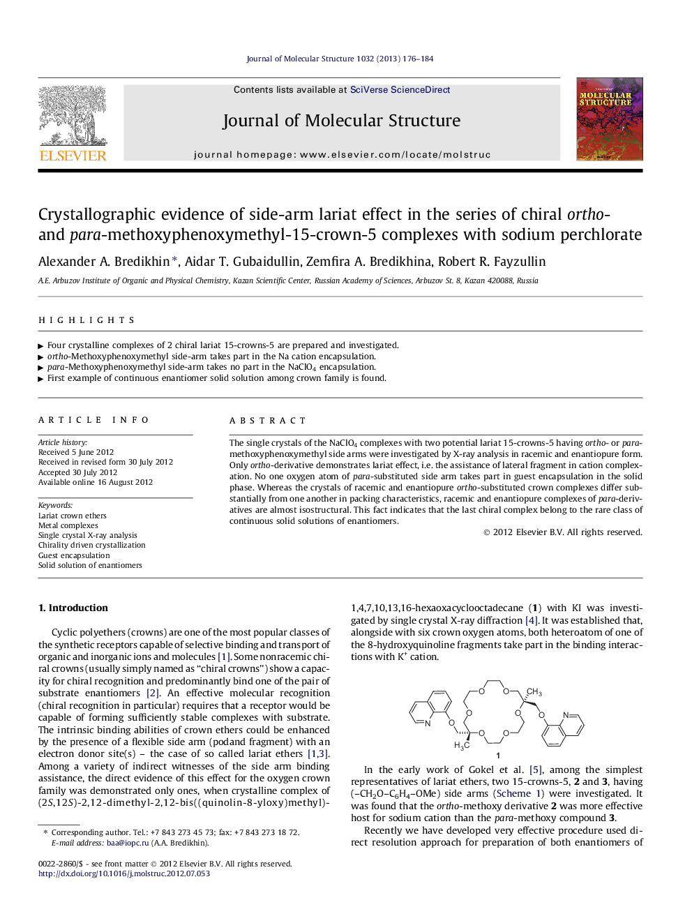 Crystallographic evidence of side-arm lariat effect in the series of chiral ortho- and para-methoxyphenoxymethyl-15-crown-5 complexes with sodium perchlorate