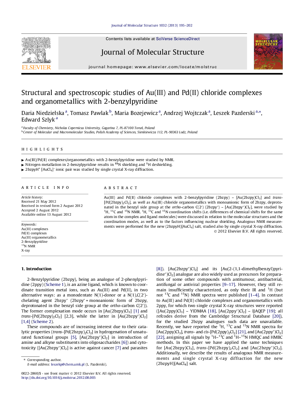 Structural and spectroscopic studies of Au(III) and Pd(II) chloride complexes and organometallics with 2-benzylpyridine