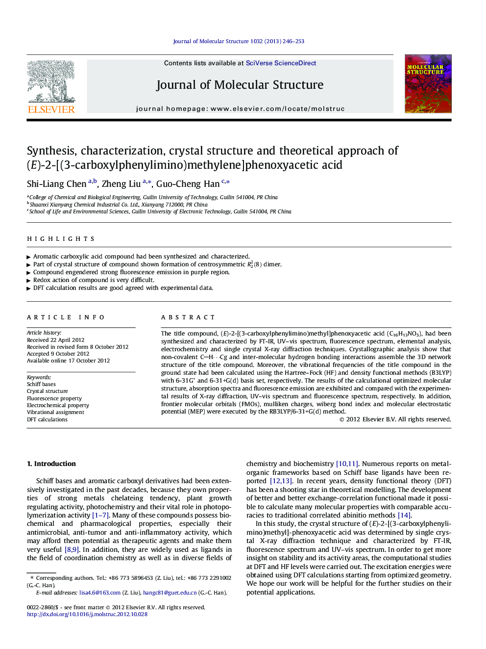 Synthesis, characterization, crystal structure and theoretical approach of (E)-2-[(3-carboxylphenylimino)methylene]phenoxyacetic acid