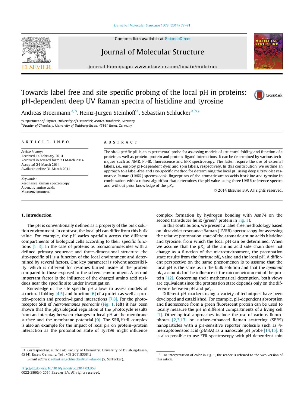 Towards label-free and site-specific probing of the local pH in proteins: pH-dependent deep UV Raman spectra of histidine and tyrosine