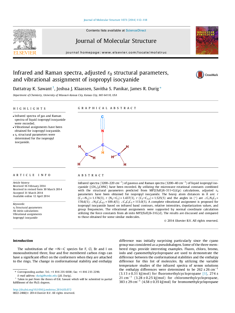 Infrared and Raman spectra, adjusted r0 structural parameters, and vibrational assignment of isopropyl isocyanide