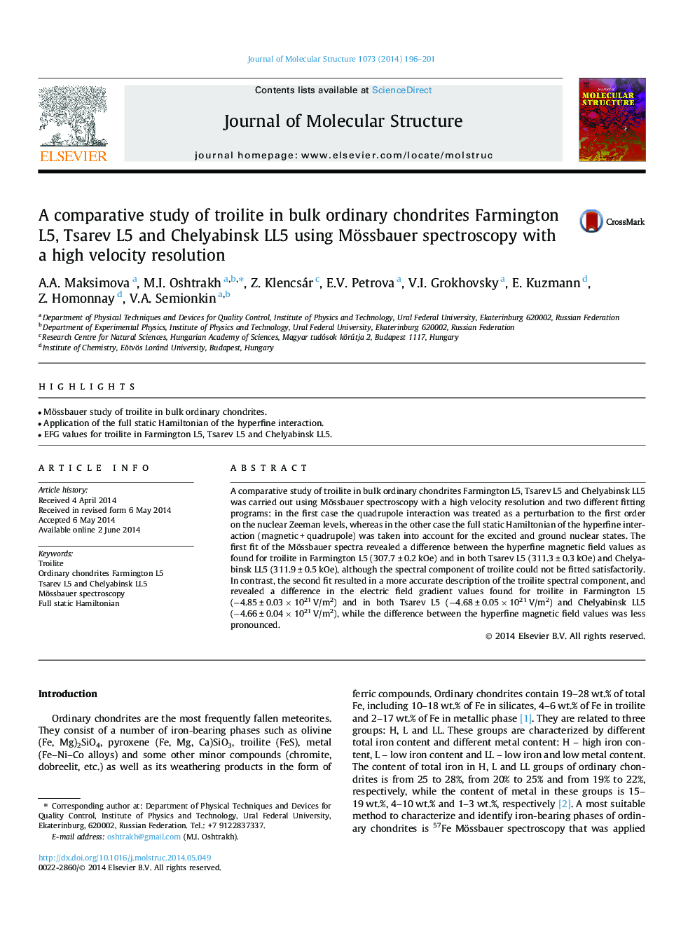 عکس صفحه اول مقاله: A comparative study of troilite in bulk ordinary chondrites Farmington L5, Tsarev L5 and Chelyabinsk LL5 using Mössbauer spectroscopy with a high velocity resolution A comparative study of troilite in bulk ordinary chondrites Farmington L5, Tsarev L5 and Chelyabinsk LL5 using Mössbauer spectroscopy with a high velocity resolution
