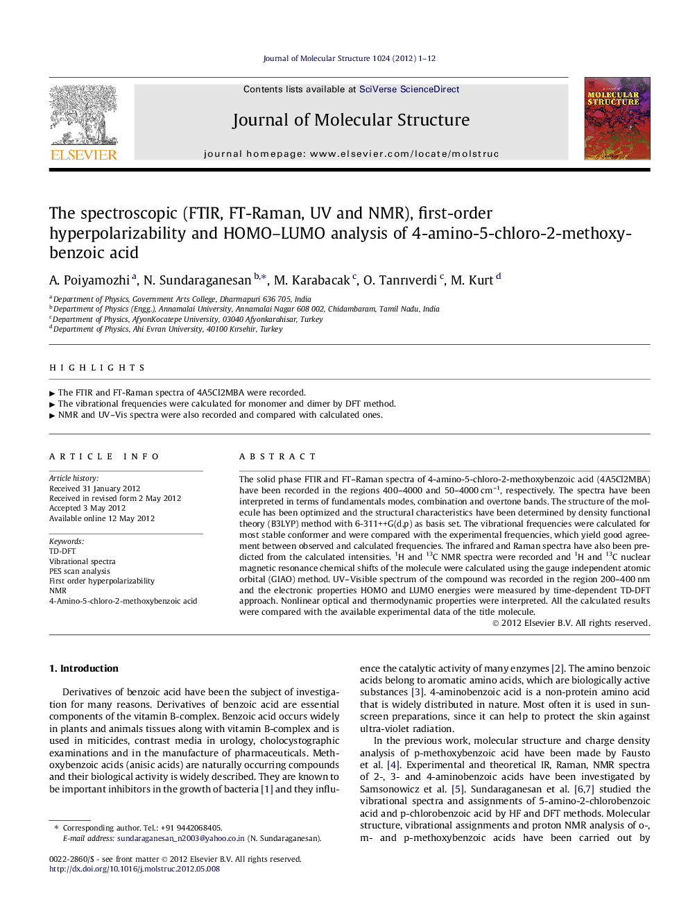 The spectroscopic (FTIR, FT-Raman, UV and NMR), first-order hyperpolarizability and HOMO–LUMO analysis of 4-amino-5-chloro-2-methoxybenzoic acid