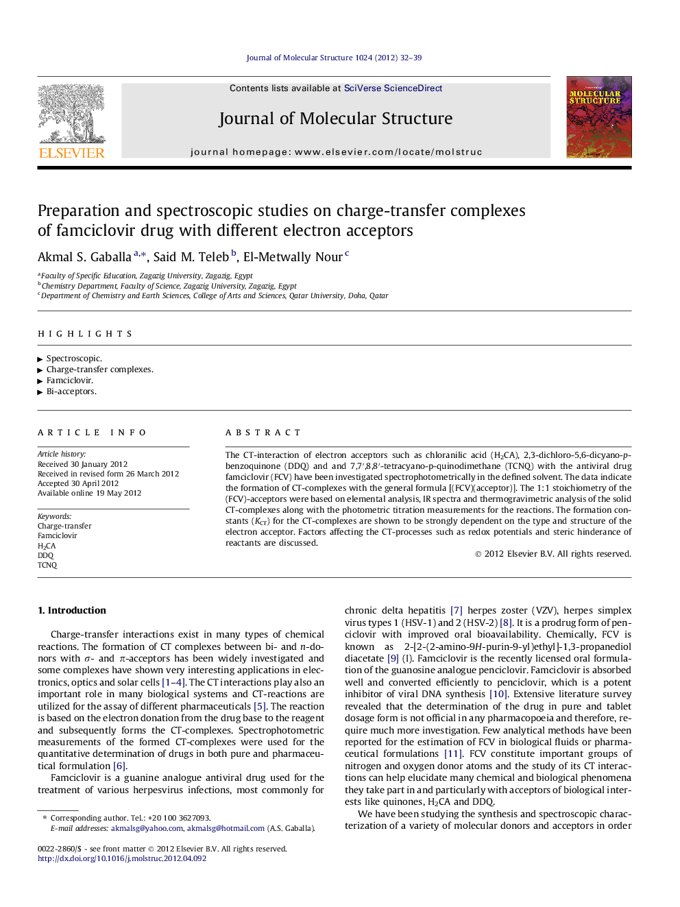 Preparation and spectroscopic studies on charge-transfer complexes of famciclovir drug with different electron acceptors