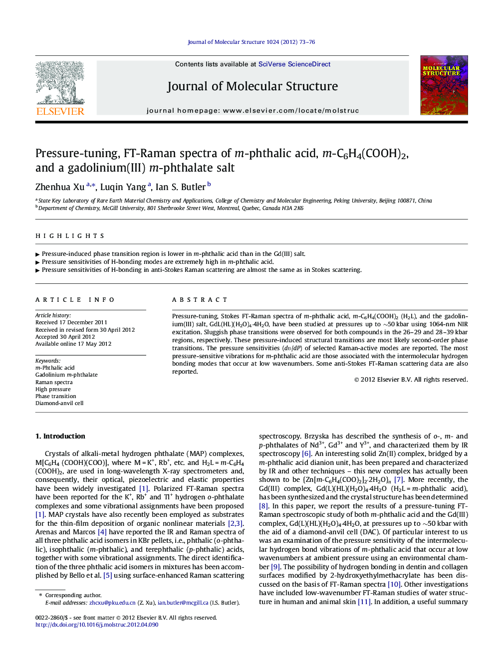 Pressure-tuning, FT-Raman spectra of m-phthalic acid, m-C6H4(COOH)2, and a gadolinium(III) m-phthalate salt