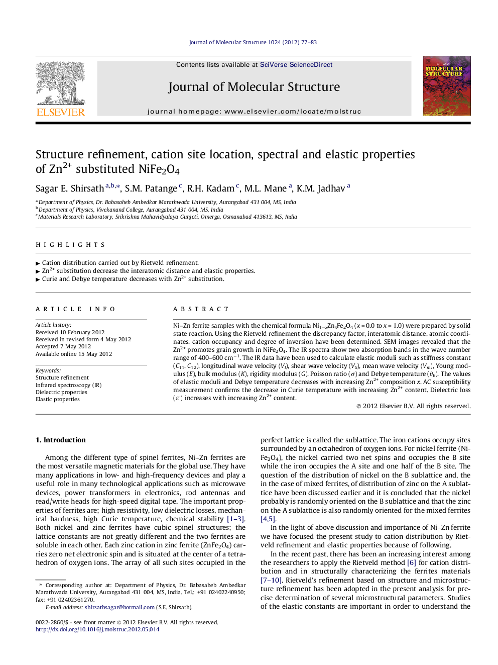 Structure refinement, cation site location, spectral and elastic properties of Zn2+ substituted NiFe2O4