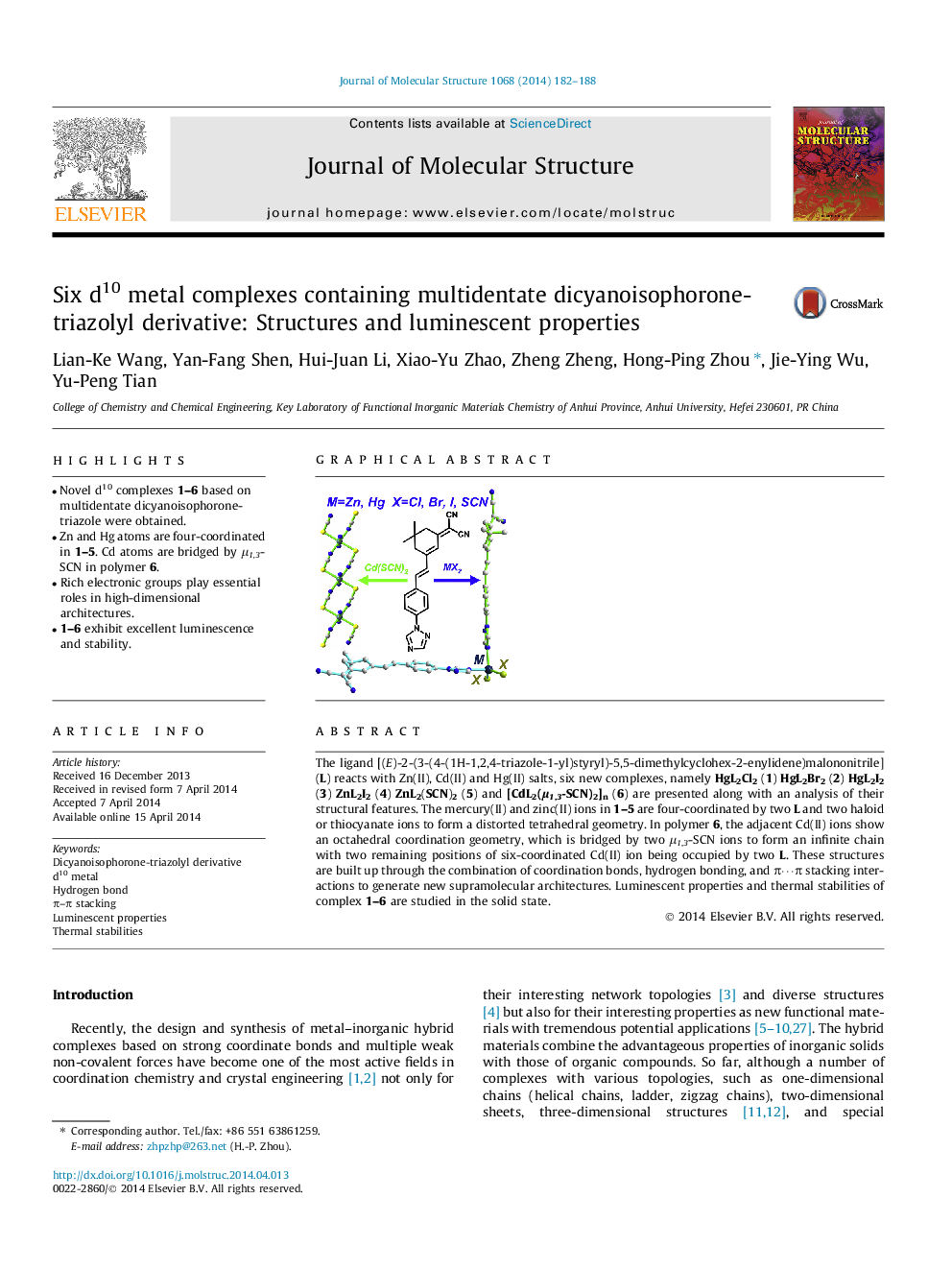 Six d10 metal complexes containing multidentate dicyanoisophorone-triazolyl derivative: Structures and luminescent properties