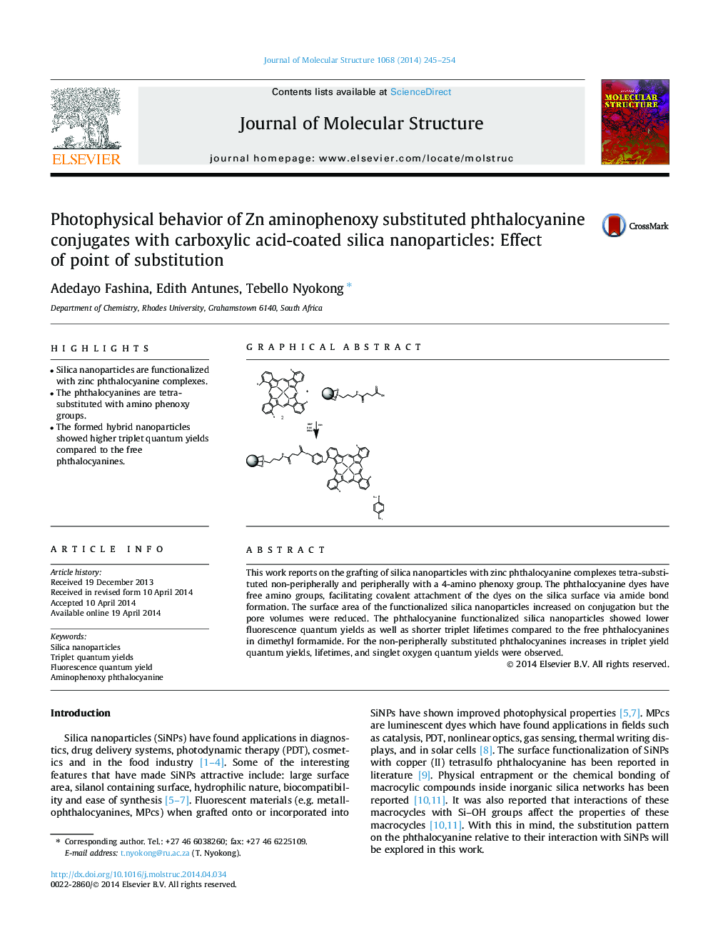 Photophysical behavior of Zn aminophenoxy substituted phthalocyanine conjugates with carboxylic acid-coated silica nanoparticles: Effect of point of substitution