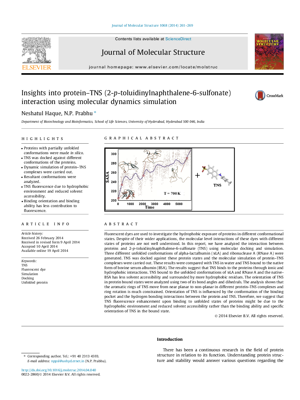 Insights into protein–TNS (2-p-toluidinylnaphthalene-6-sulfonate) interaction using molecular dynamics simulation