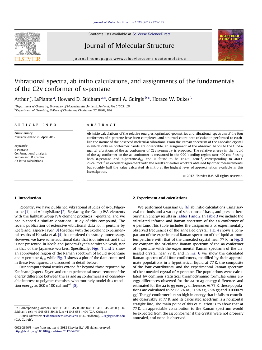 Vibrational spectra, ab initio calculations, and assignments of the fundamentals of the C2v conformer of n-pentane