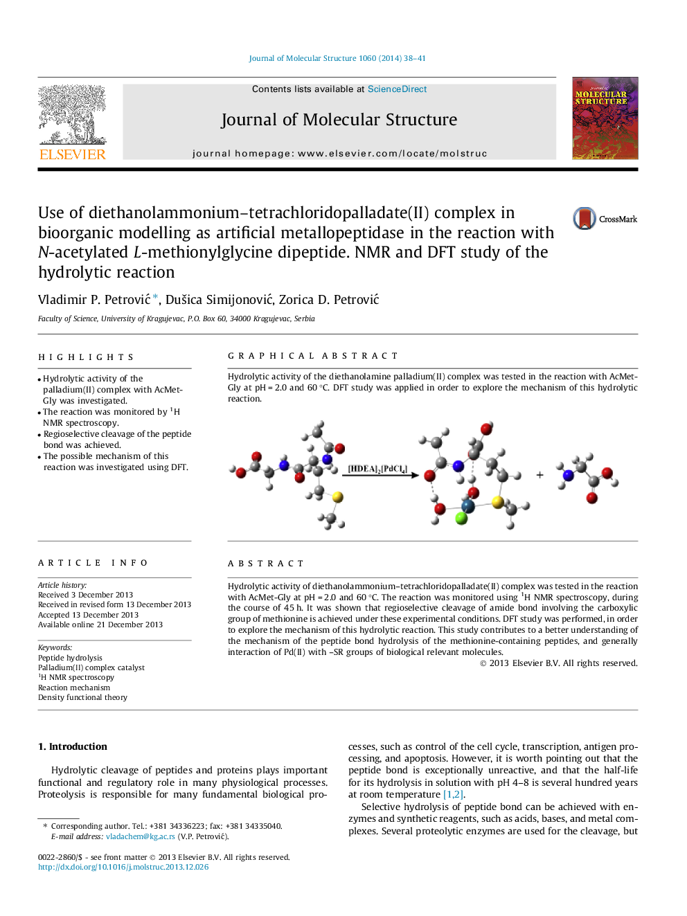 Use of diethanolammonium–tetrachloridopalladate(II) complex in bioorganic modelling as artificial metallopeptidase in the reaction with N-acetylated L-methionylglycine dipeptide. NMR and DFT study of the hydrolytic reaction