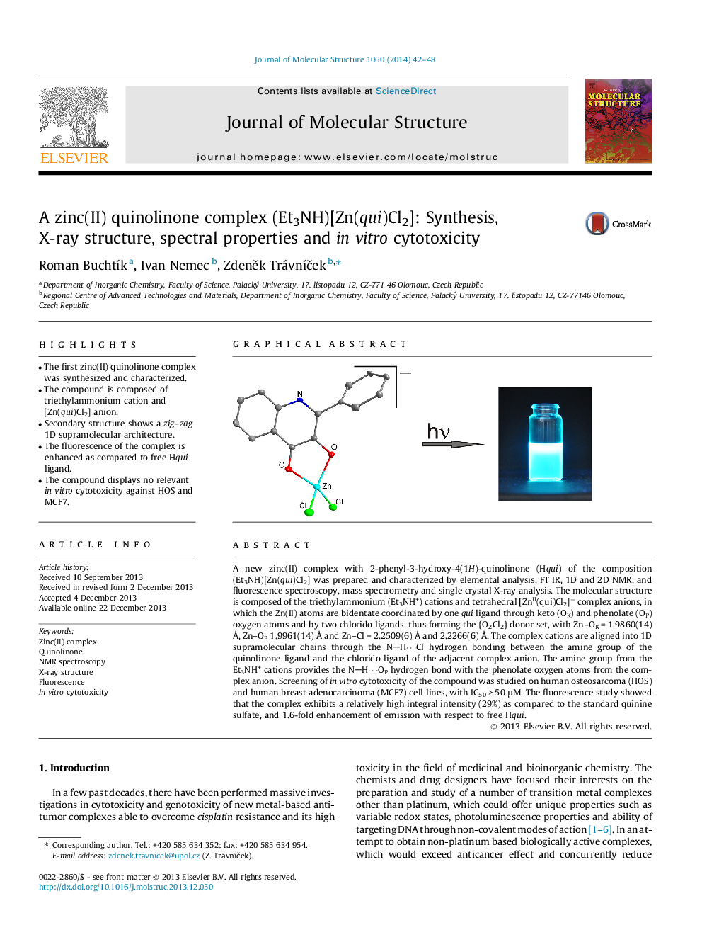 A zinc(II) quinolinone complex (Et3NH)[Zn(qui)Cl2]: Synthesis, X-ray structure, spectral properties and in vitro cytotoxicity