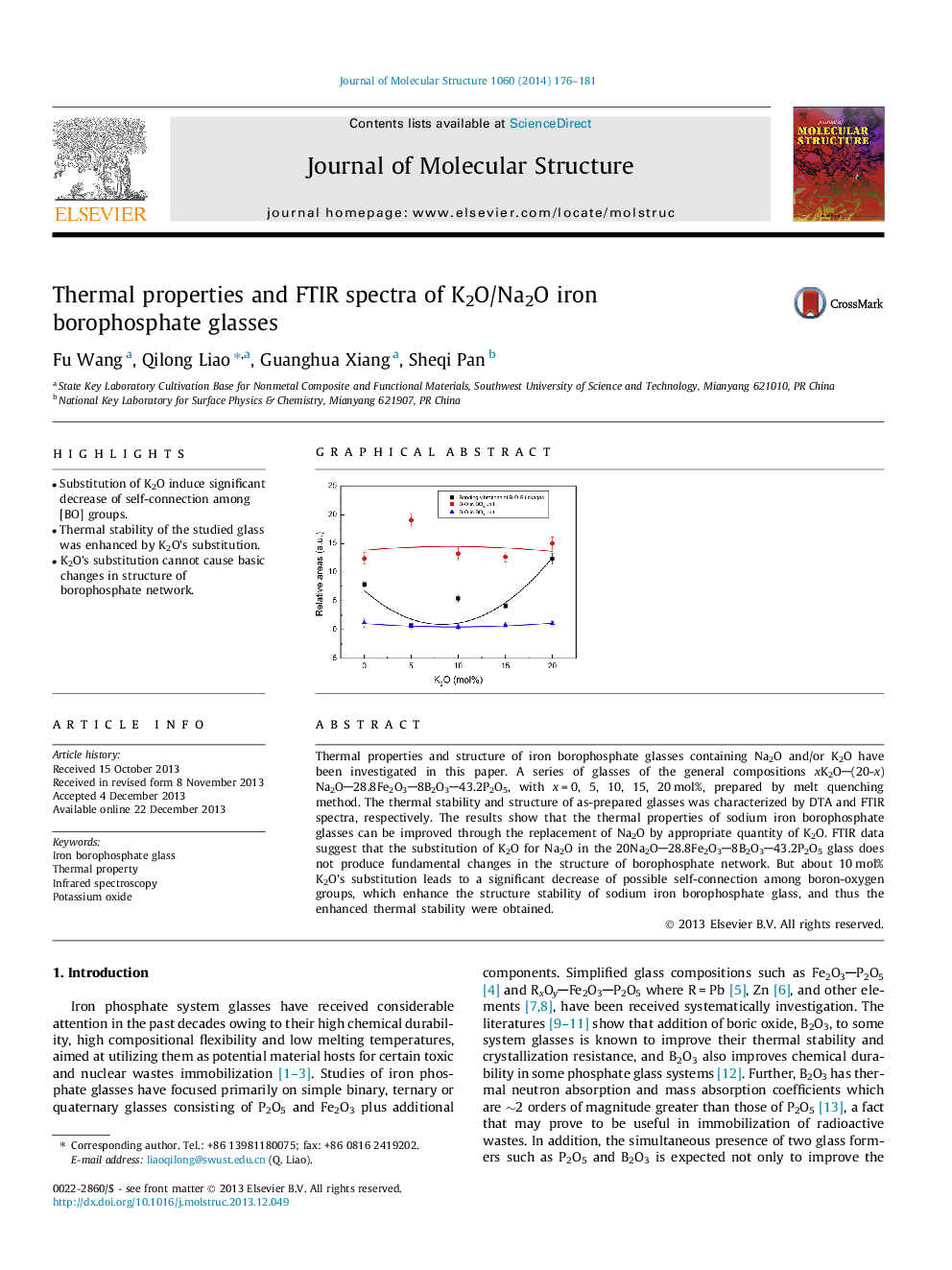 Thermal properties and FTIR spectra of K2O/Na2O iron borophosphate glasses