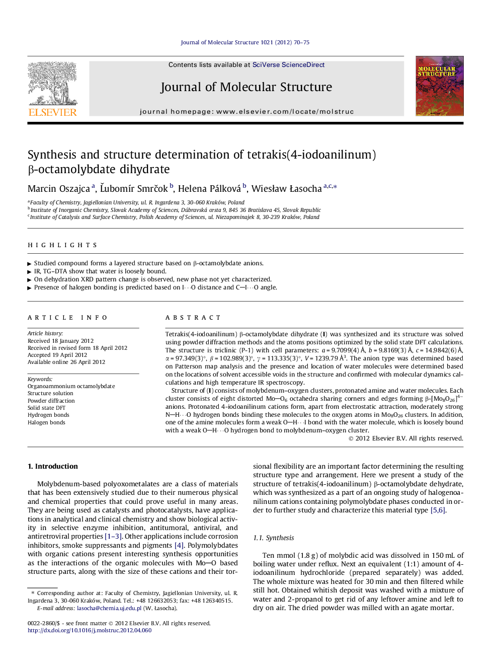 Synthesis and structure determination of tetrakis(4-iodoanilinum) Î²-octamolybdate dihydrate