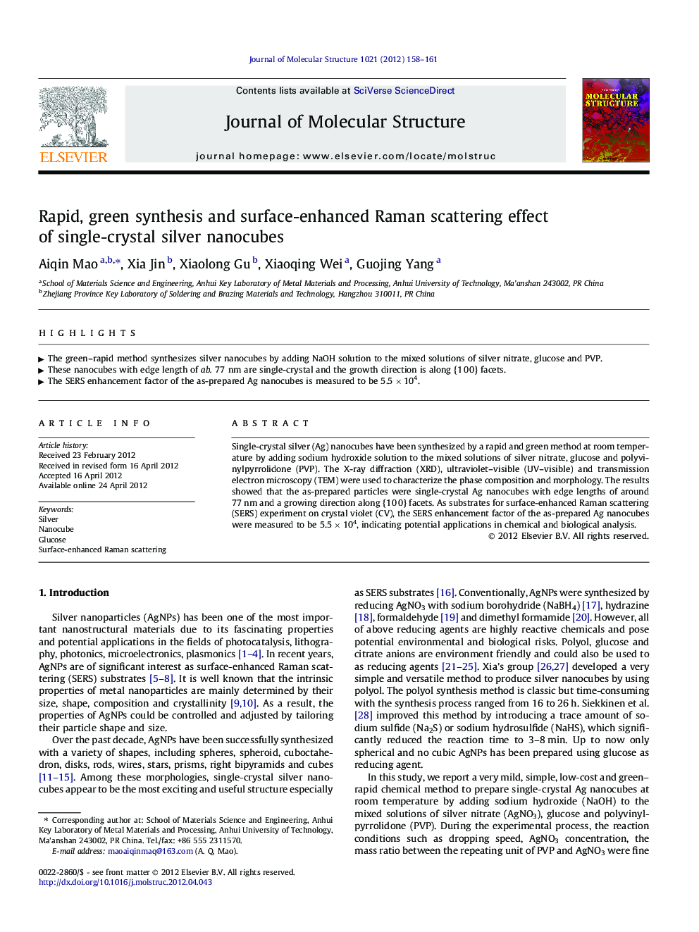 عکس صفحه اول مقاله: Rapid, green synthesis and surface-enhanced Raman scattering effect of single-crystal silver nanocubes Rapid, green synthesis and surface-enhanced Raman scattering effect of single-crystal silver nanocubes