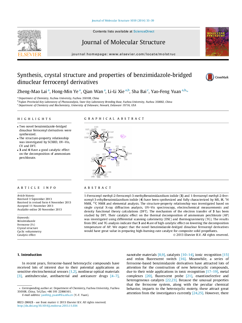 Synthesis, crystal structure and properties of benzimidazole-bridged dinuclear ferrocenyl derivatives