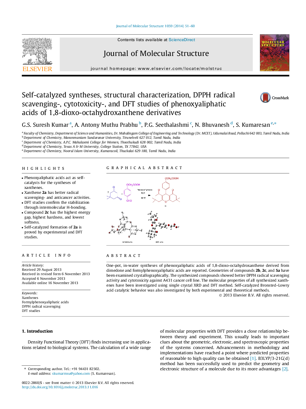 Self-catalyzed syntheses, structural characterization, DPPH radical scavenging-, cytotoxicity-, and DFT studies of phenoxyaliphatic acids of 1,8-dioxo-octahydroxanthene derivatives