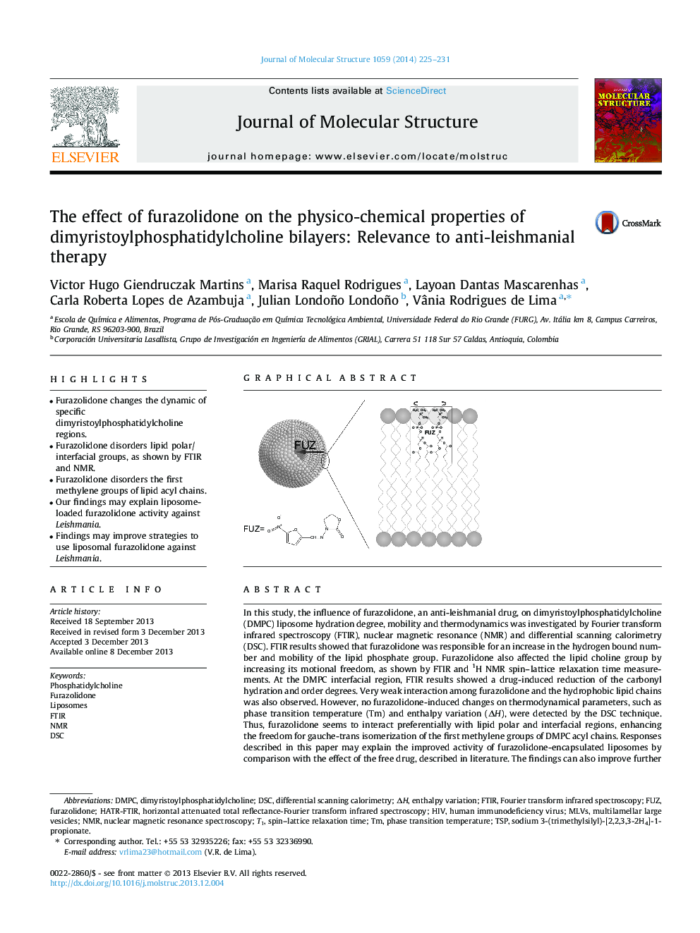 The effect of furazolidone on the physico-chemical properties of dimyristoylphosphatidylcholine bilayers: Relevance to anti-leishmanial therapy