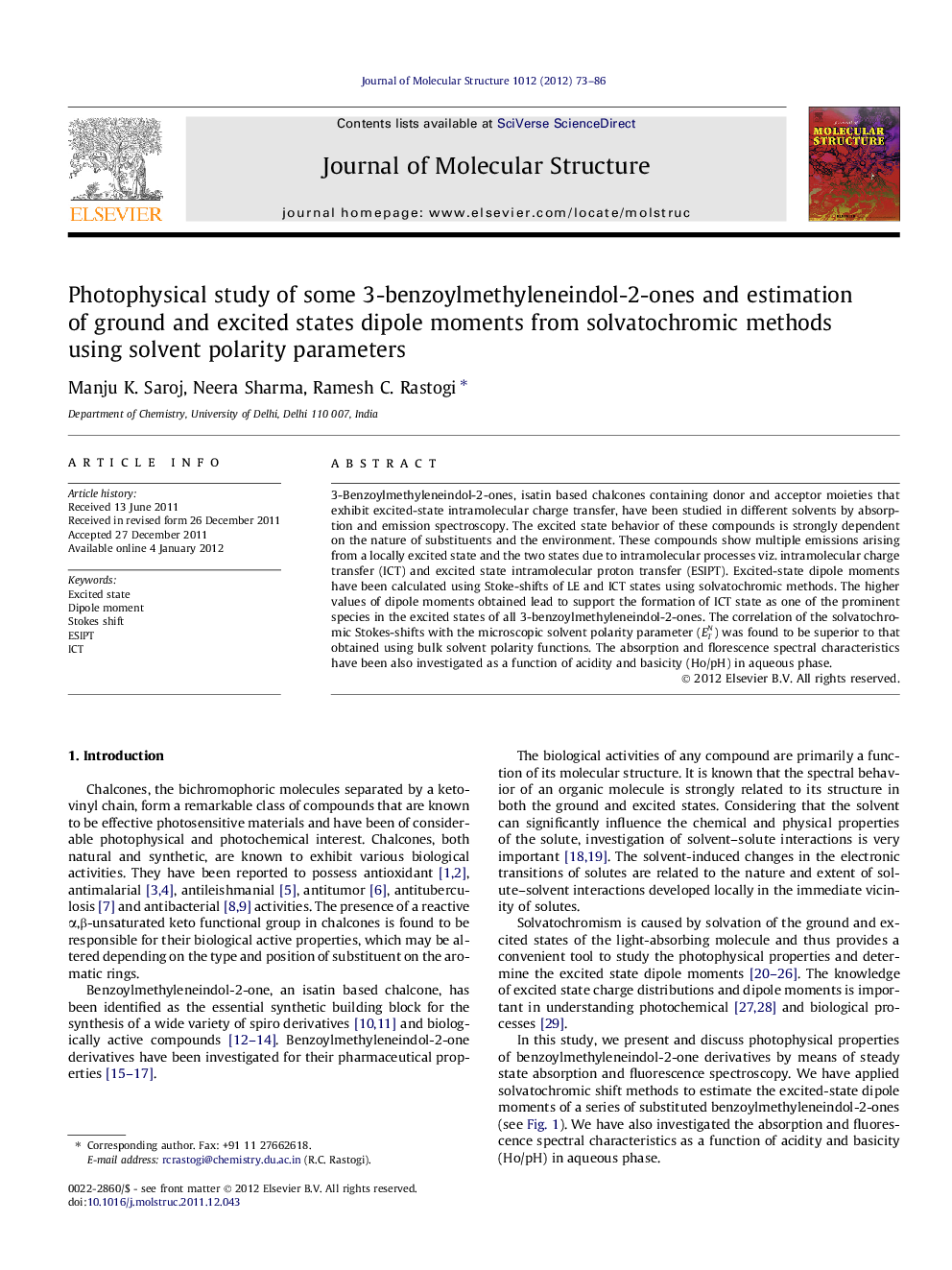 Photophysical study of some 3-benzoylmethyleneindol-2-ones and estimation of ground and excited states dipole moments from solvatochromic methods using solvent polarity parameters