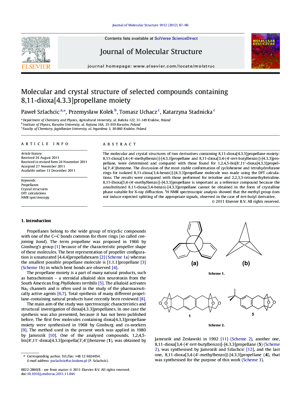 Molecular and crystal structure of selected compounds containing 8,11-dioxa[4.3.3]propellane moiety