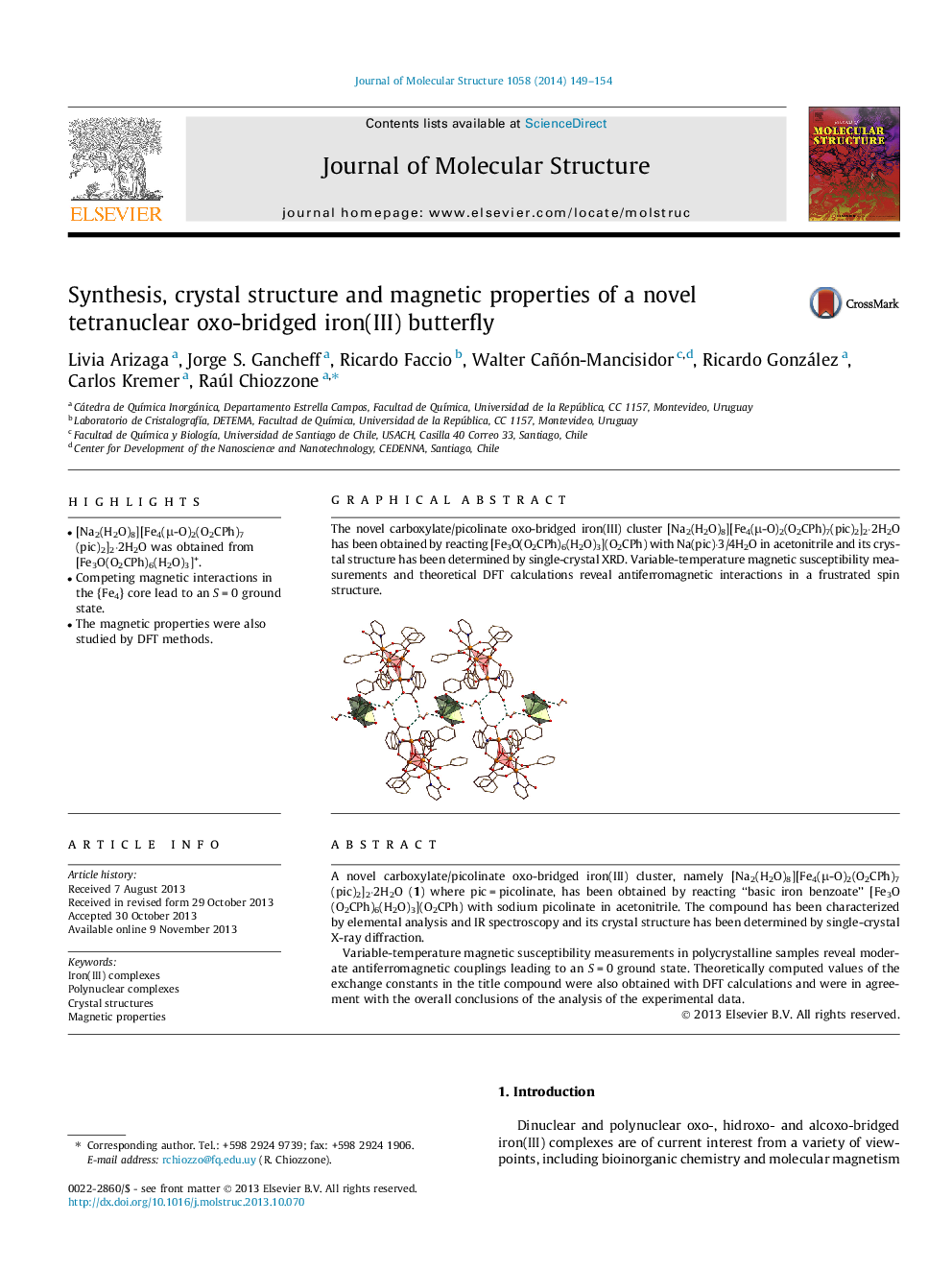 Synthesis, crystal structure and magnetic properties of a novel tetranuclear oxo-bridged iron(III) butterfly