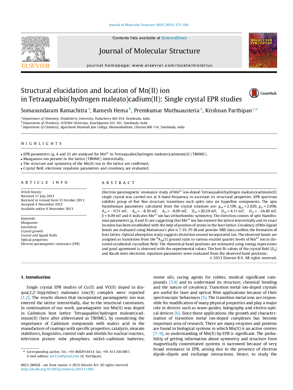 Structural elucidation and location of Mn(II) ion in Tetraaquabis(hydrogen maleato)cadium(II): Single crystal EPR studies