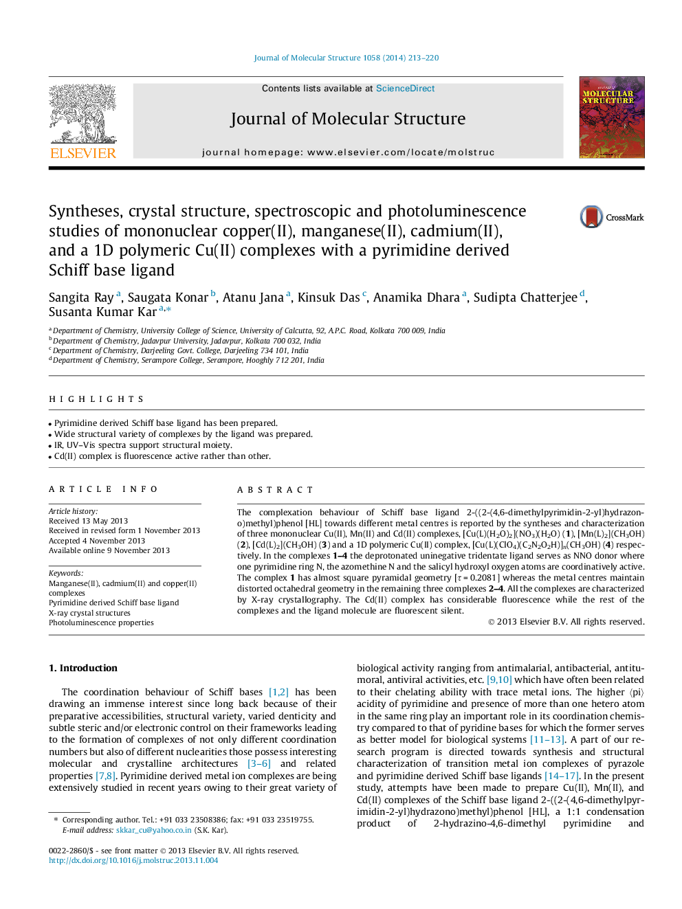 Syntheses, crystal structure, spectroscopic and photoluminescence studies of mononuclear copper(II), manganese(II), cadmium(II), and a 1D polymeric Cu(II) complexes with a pyrimidine derived Schiff base ligand