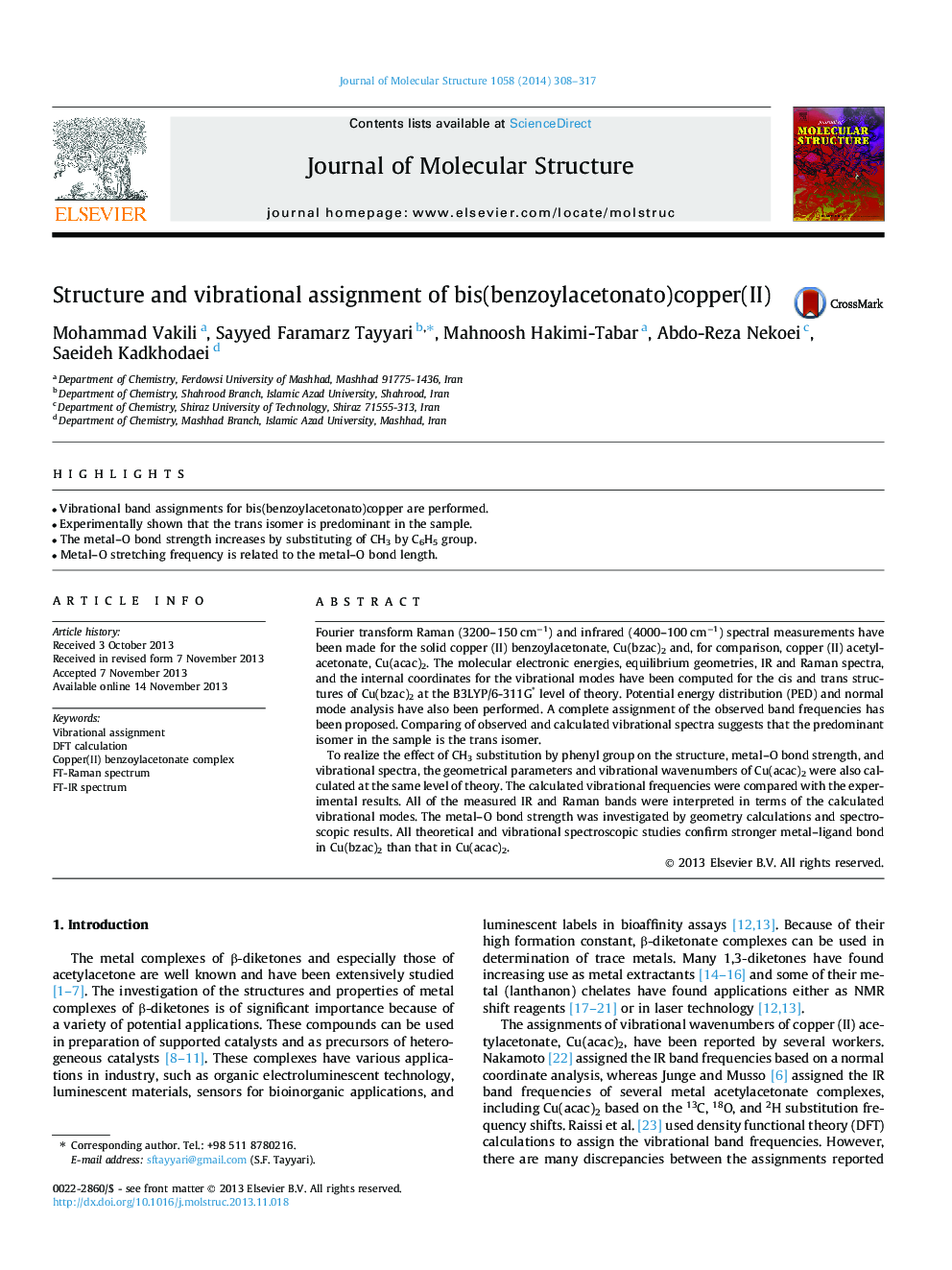 Structure and vibrational assignment of bis(benzoylacetonato)copper(II)