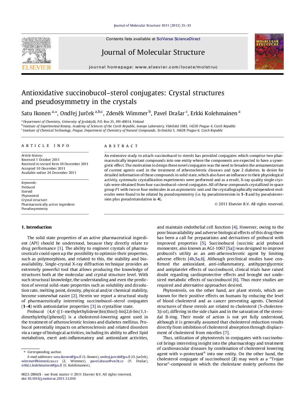 Antioxidative succinobucol–sterol conjugates: Crystal structures and pseudosymmetry in the crystals