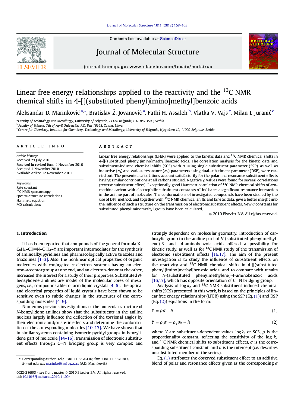 Linear free energy relationships applied to the reactivity and the 13C NMR chemical shifts in 4-[[(substituted phenyl)imino]methyl]benzoic acids