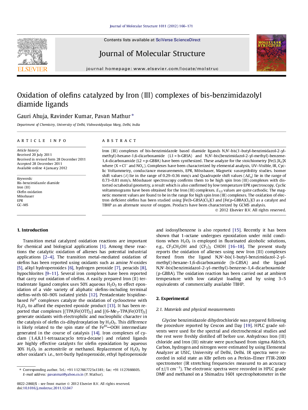 Oxidation of olefins catalyzed by Iron (III) complexes of bis-benzimidazolyl diamide ligands