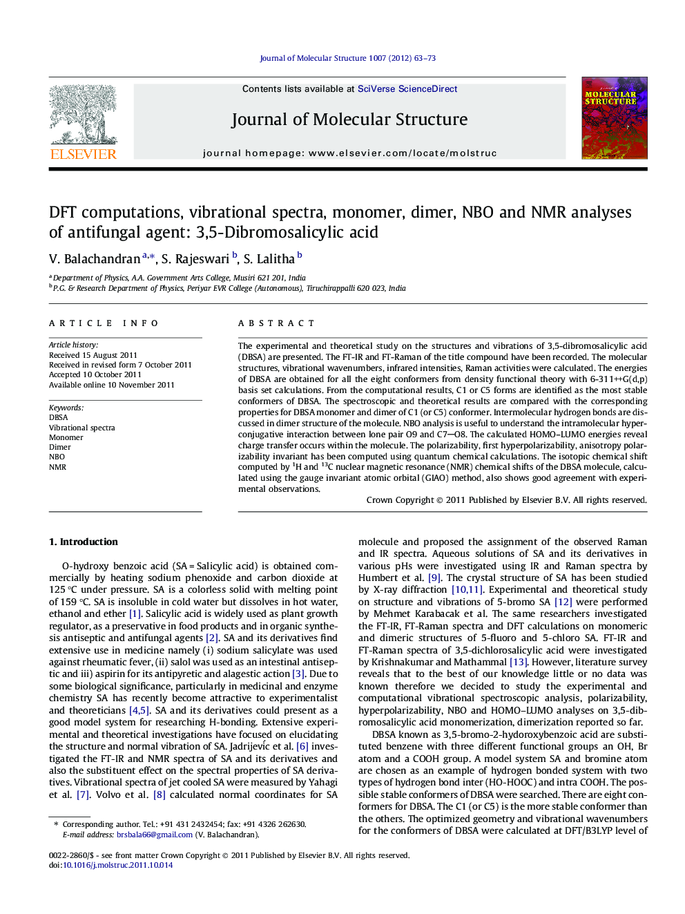 DFT computations, vibrational spectra, monomer, dimer, NBO and NMR analyses of antifungal agent: 3,5-Dibromosalicylic acid